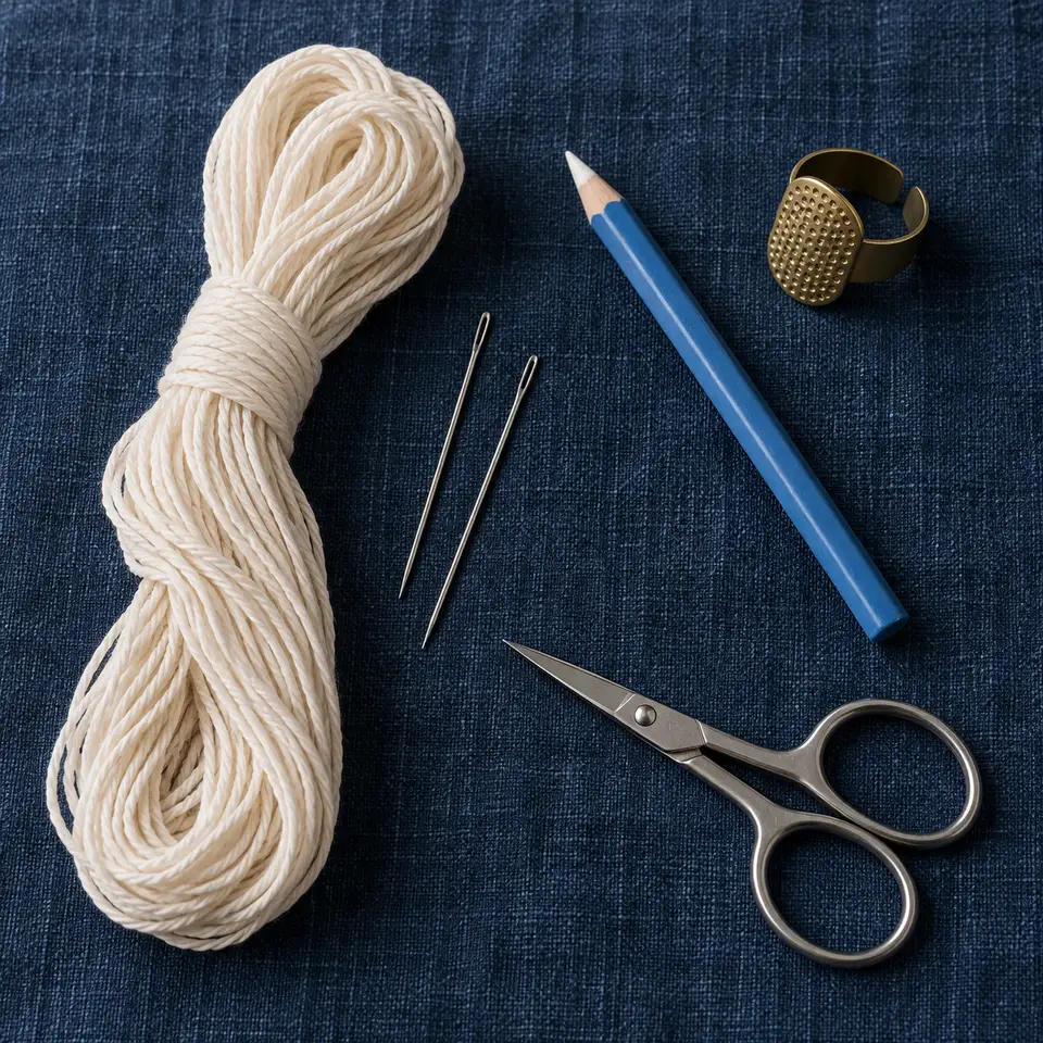 Illustration of thread, a fabric pencil, needles, scissors and a ring thimble on indigo fabric